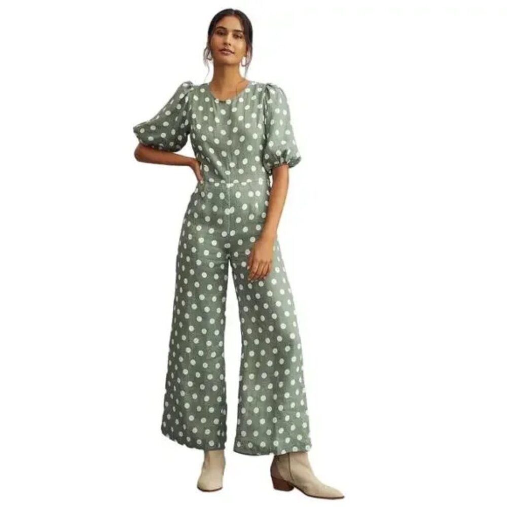 Faithfull The Brand Darien Linen Green‎ Polka Dot Linen Jumpsuit Puff Sleeve XS
